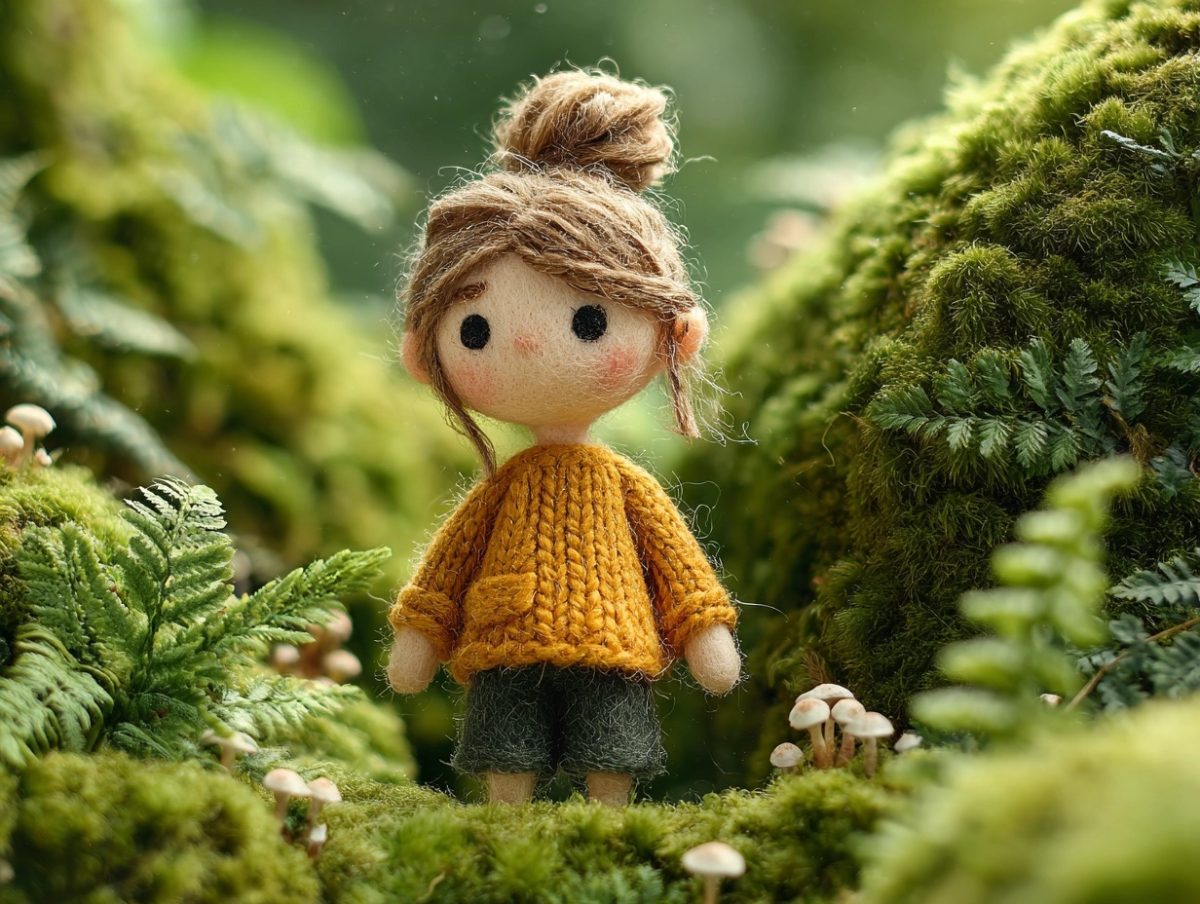 羊毛フェルトで作られた少女が、苔むす森の中に立っている様子