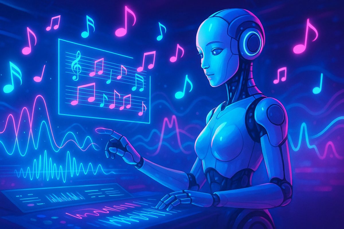 女性型AIがホログラム操作で音楽を生成する未来的なスタジオのイラスト